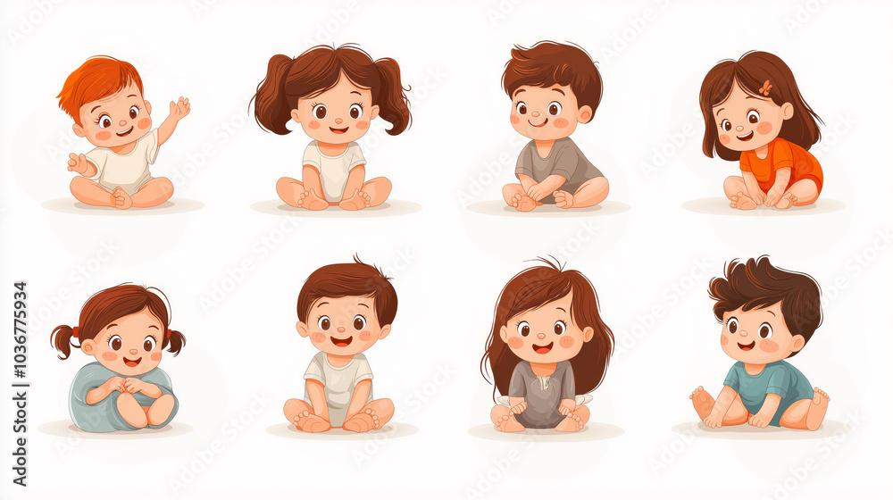 A vibrant collection of cute baby characters in various playful poses. Each child exudes joy and innocence, perfect for illustration and design projects. A vibrant collection of cute baby characters in various playful poses. Each child exudes joy and innocence, perfect for illustration and design projects.