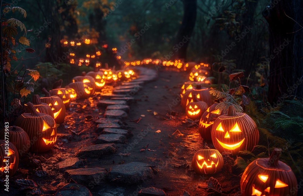 A path through a dark forest with glowing jack-o-lanterns. A path through a dark forest with glowing jack-o-lanterns.