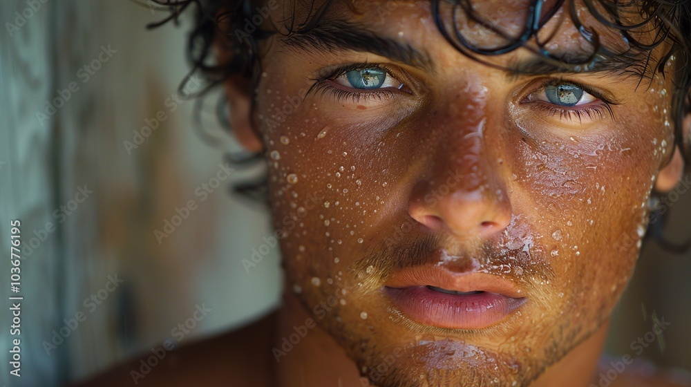 Close-Up Portrait of a Man with Water Drops on His Face Close-Up Portrait of a Man with Water Drops on His Face