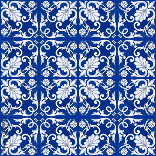 Seamless pattern, blue tiles with azulejo style flowers and leaves. 
