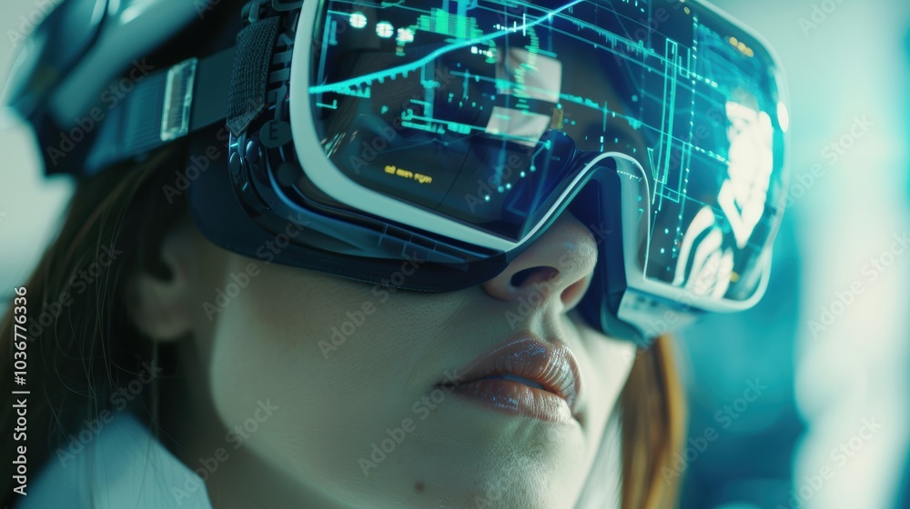 Person using virtual reality eyewear in a laboratory setting, focusing on medical research and data analysis with augmented reality technology