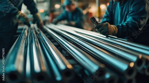 In a metallurgical factory, workers carefully examine polished metal rods, checking for quality and ensuring they meet production standards during processing