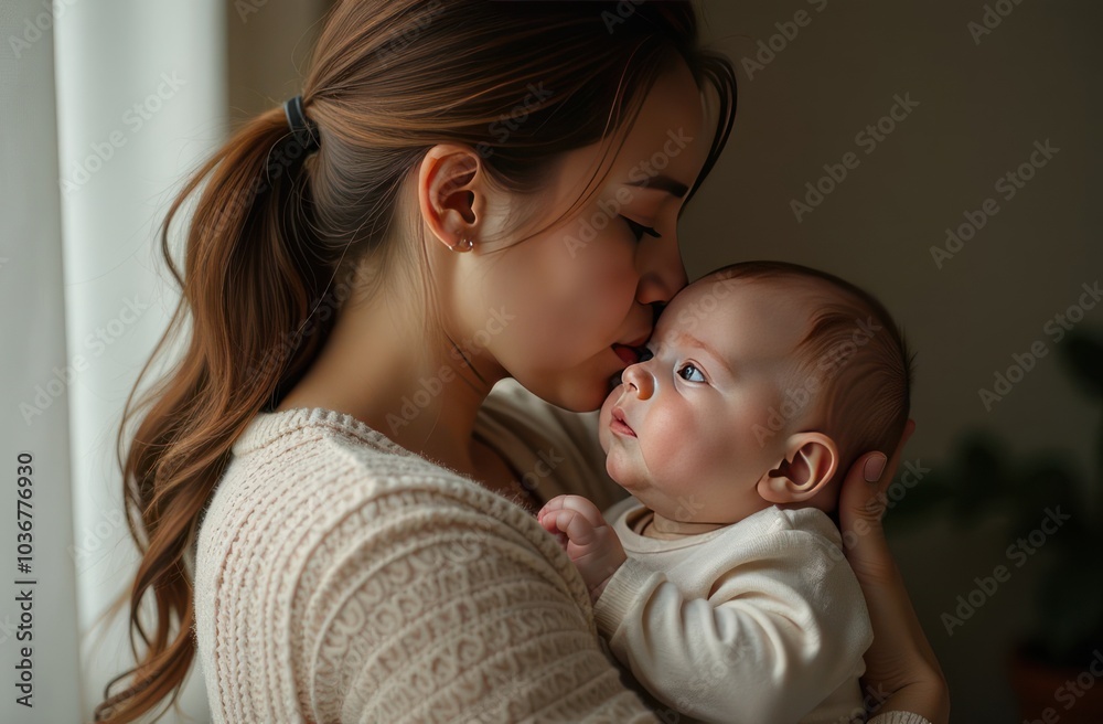 little baby playing with young mother on bed little baby playing with young mother on bed