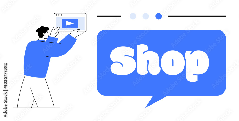 A person holding a tablet with a play button, promoting a shop displayed in a speech bubble. Ideal for online shopping e-commerce digital marketing website ads social media promotions. Minimalist A person holding a tablet with a play button, promoting a shop displayed in a speech bubble. Ideal for online shopping e-commerce digital marketing website ads social media promotions. Minimalist