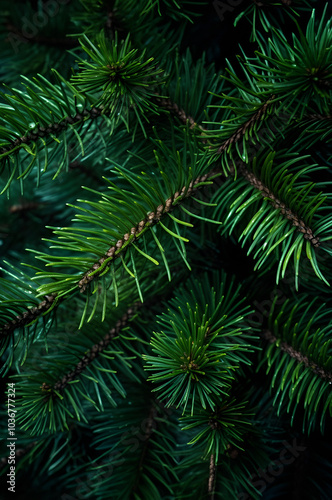 Fir branches green needle abstract background Christmas texture. Square composition.