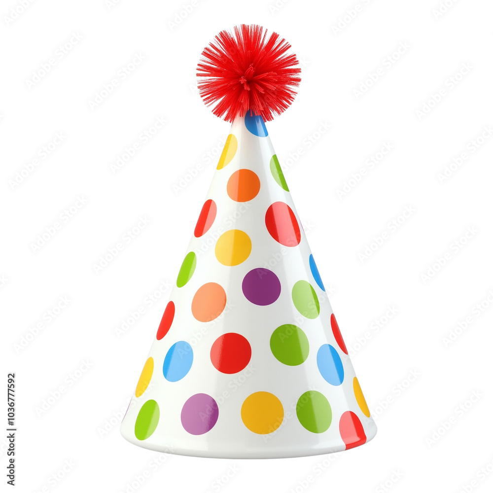 Colorful Party Hat with Polka Dots and Red Pom-Pom Decoration Colorful Party Hat with Polka Dots and Red Pom-Pom Decoration