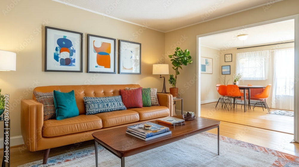 Classic mid-century living room with a leather couch, beige walls, and colorful throw pillows adding personality to the space Classic mid-century living room with a leather couch, beige walls, and colorful throw pillows adding personality to the space