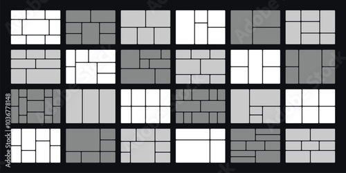 Bento grid layouts. Geometric tiles pattern, trendy frames arrangements and presentation layout templates. Tiling blocks for social media posts, web comics and photo frames vector set.