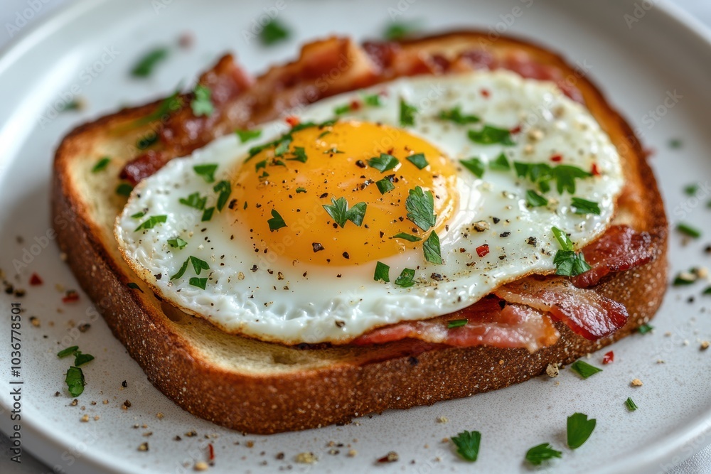 gourmet breakfast options, delicious bacon toast with a sunny-side-up egg and fresh parsley, a simple and satisfying breakfast option gourmet breakfast options, delicious bacon toast with a sunny-side-up egg and fresh parsley, a simple and satisfying breakfast option