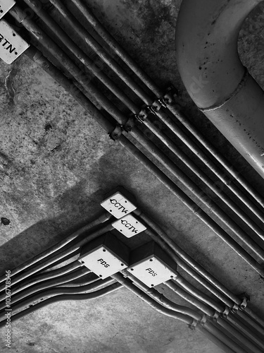 black-and-white image showcases a series of pipes and cables running along a concrete ceiling. The pipes are neatly arranged, each secured with clamps and labels