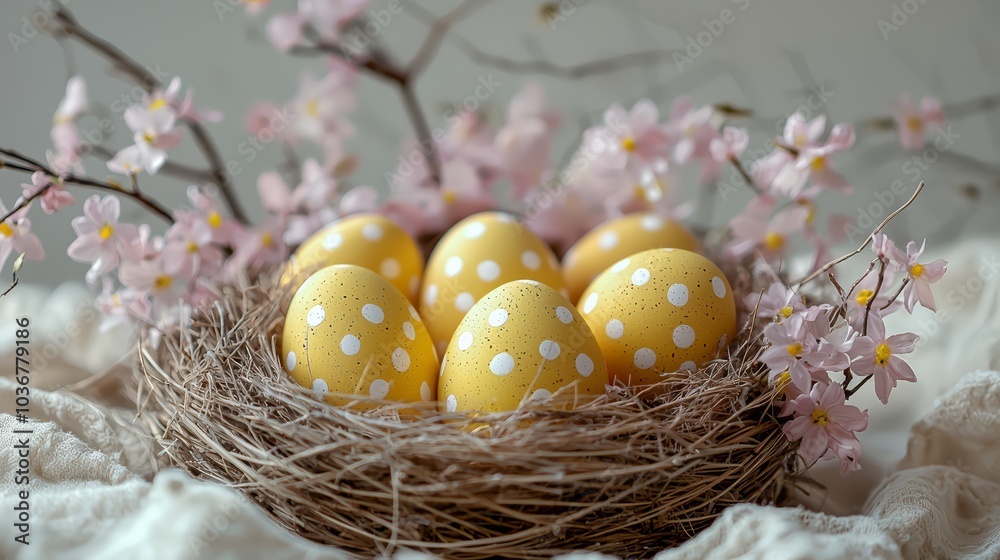 Bright Yellow Easter Eggs with White Polka Dots in Nest Surrounded by Pink Flowers Bright Yellow Easter Eggs with White Polka Dots in Nest Surrounded by Pink Flowers