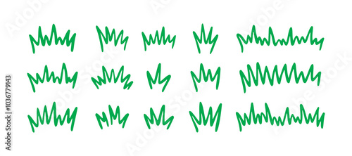 Grass silhouette Hand drawn doodle set. Lawn bush of green line grass in sketch drawing style. 