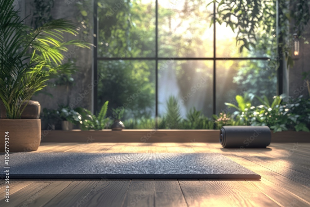 serenity yoga space, a serene yoga corner with a cozy mat in a contemporary room bathed in soft natural light, offering ample space for textcharacter count serenity yoga space, a serene yoga corner with a cozy mat in a contemporary room bathed in soft natural light, offering ample space for textcharacter count