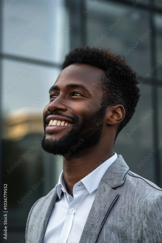 Confident man in a professional setting, smiling outdoors with a positive mindset, representing success and career satisfaction