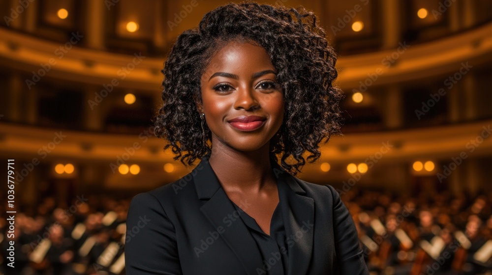 Confident female conductor leading orchestra in elegant concert hall Confident female conductor leading orchestra in elegant concert hall
