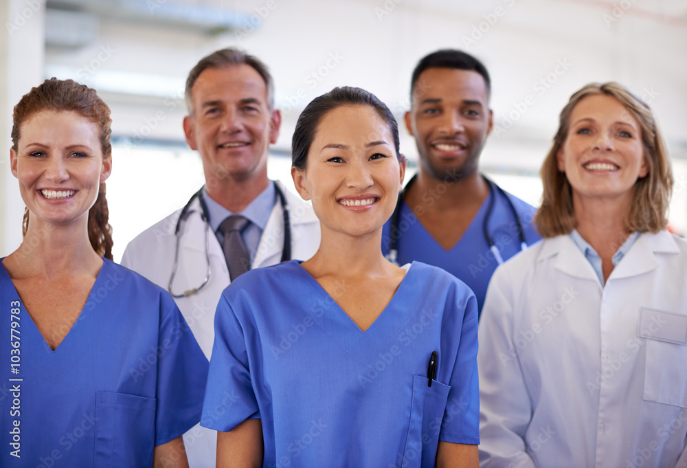 Portrait, group of people and doctors in hospital for surgery, checkup or consultation in clinic. Teamwork, diversity and collaboration as medical staff with pride in healthcare, medicine or wellness Portrait, group of people and doctors in hospital for surgery, checkup or consultation in clinic. Teamwork, diversity and collaboration as medical staff with pride in healthcare, medicine or wellness