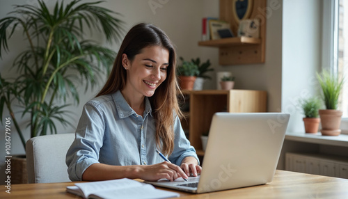 Young woman, girl student using laptop elearning or remote working at home office using laptop pc computer for webinar, learning online training digital education sitting at table, writing notes.