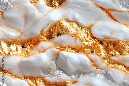 Seamless abstract pattern featuring flowing white and gold textures resembling marble, with a glossy and luxurious finish. Ideal for elegant and decorative design projects.