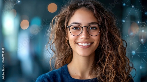 A young woman with curly hair and glasses smiles confidently in front of a blurred background with a network of connections.