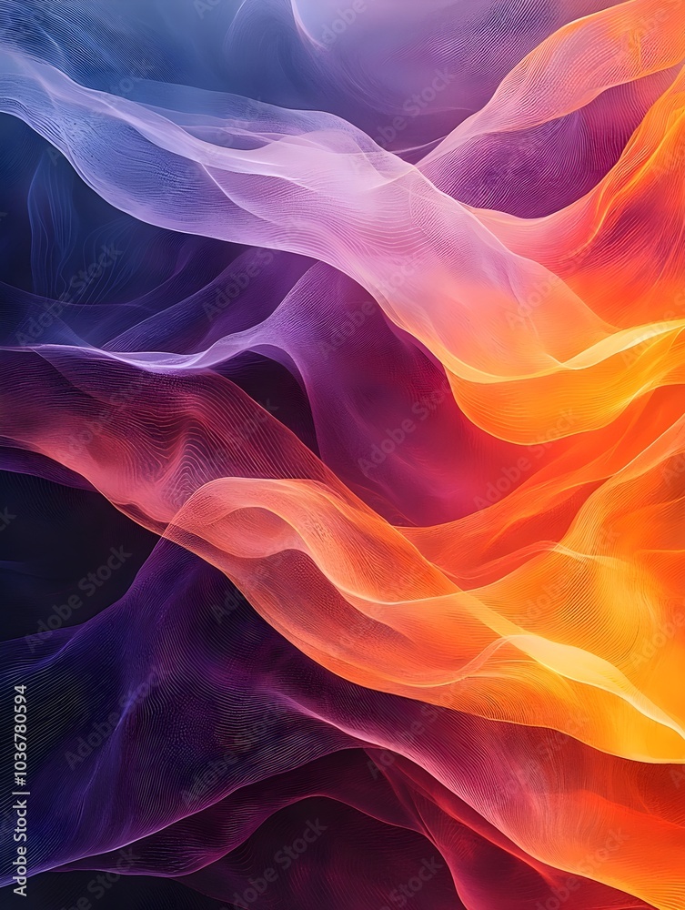Fototapeta premium Abstract colorful waves with soft flowing shapes in vibrant hues of orange, purple, and pink against a dark background, creating a sense of movement and dynamism.