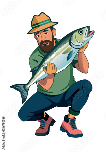 Fisherman holding big fish smiling cartoon illustration-