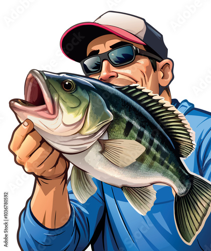Fisherman holding big fish smiling cartoon illustration-