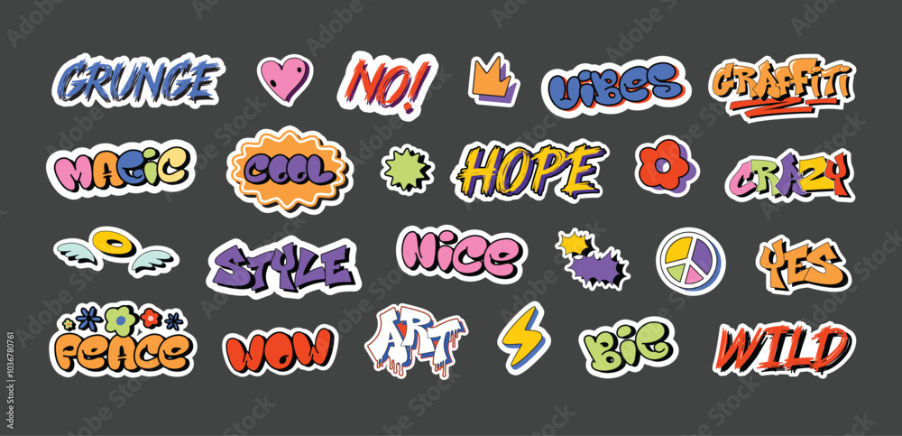 Graffiti stickers. Urban style decals, yes and no, grunge vibes, hope and peace, big, wild and magic, wow, nice and cool word sticker vector illustration set. Graffiti stickers. Urban style decals, yes and no, grunge vibes, hope and peace, big, wild and magic, wow, nice and cool word sticker vector illustration set.