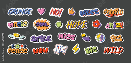 Graffiti stickers. Urban style decals, yes and no, grunge vibes, hope and peace, big, wild and magic, wow, nice and cool word sticker vector illustration set.