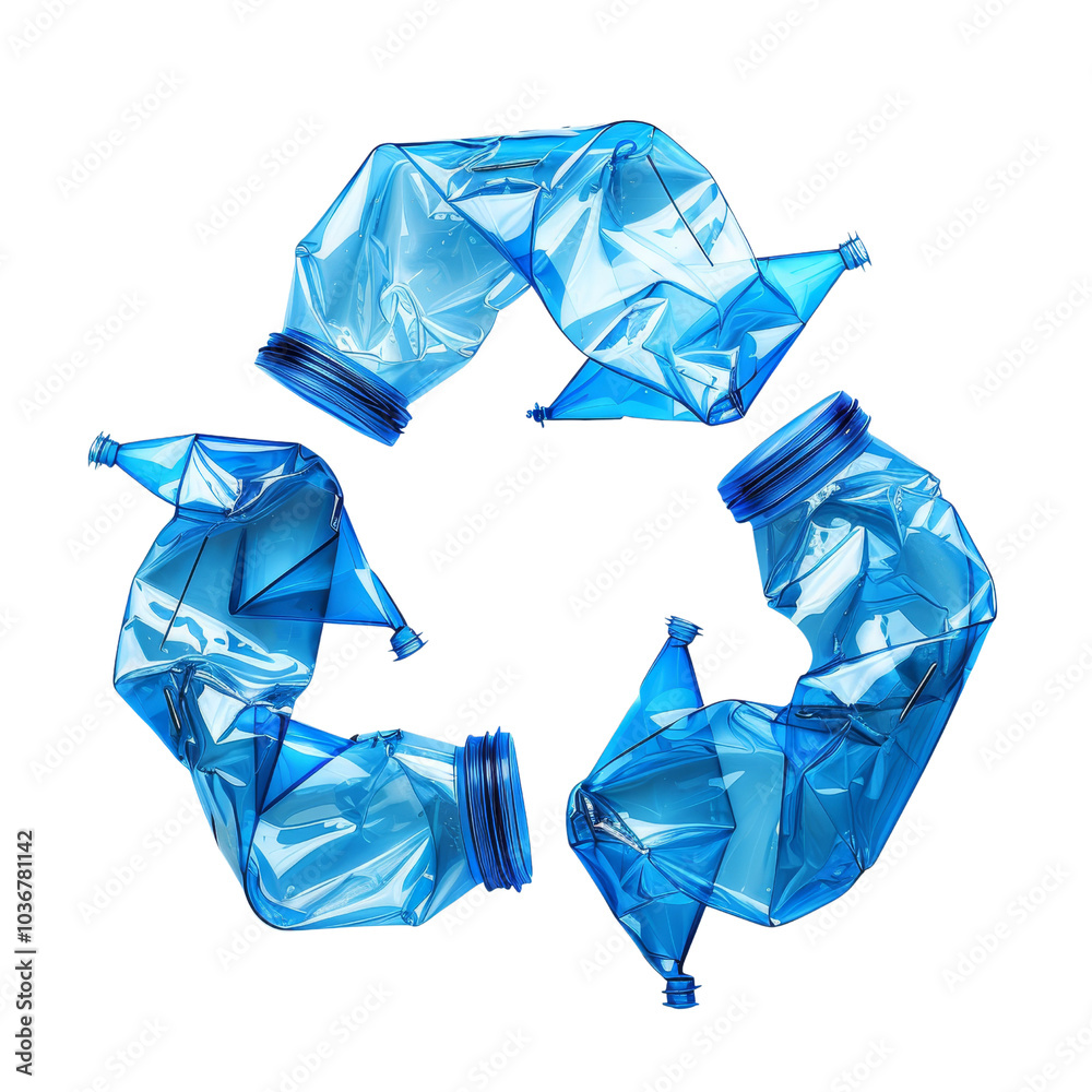 Crumpled Blue Plastic Bottles Forming a Recycling Symbol Shape. Crumpled Blue Plastic Bottles Forming a Recycling Symbol Shape.