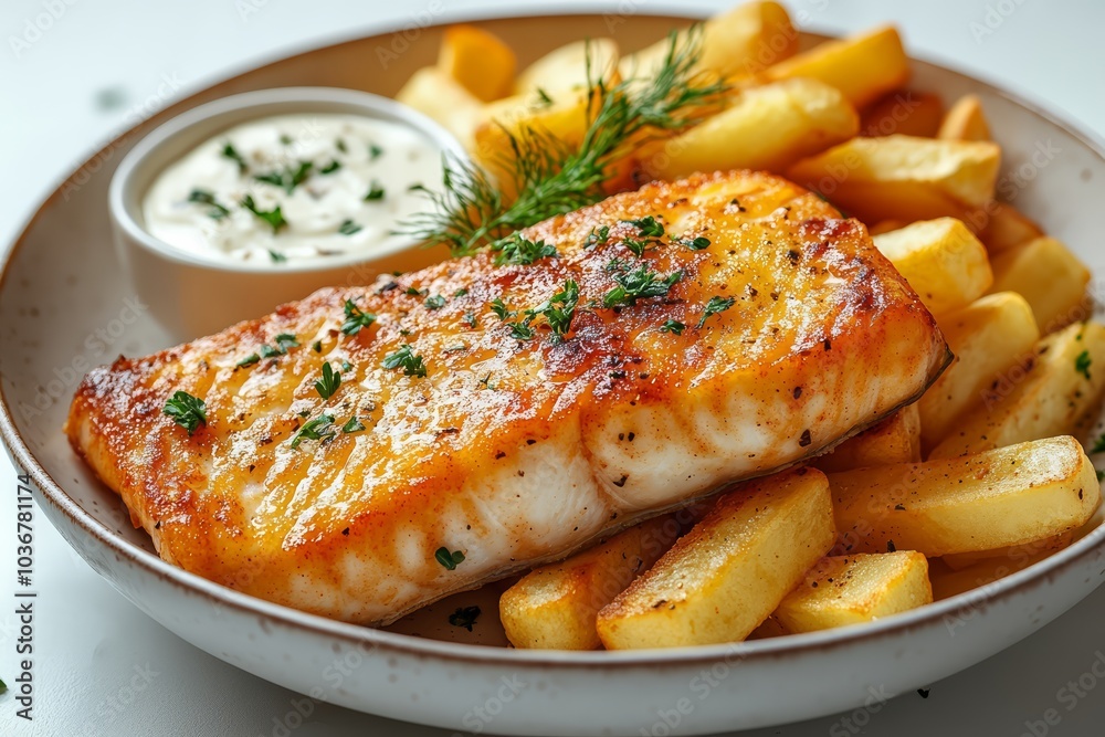 Crispy Battered Fish and Golden Fries Garnished with Fresh Herbs and Spices.. Crispy Battered Fish and Golden Fries Garnished with Fresh Herbs and Spices..