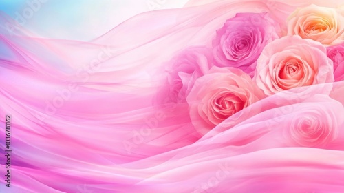 Elegant pink roses and flowing silk fabric abstract composition