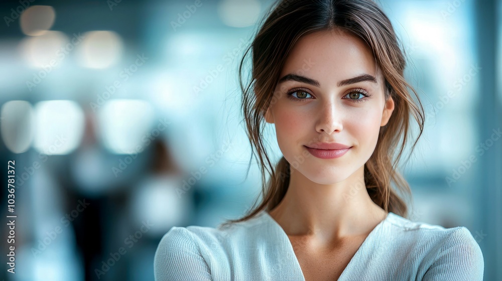 Obraz premium A young woman with long brown hair and green eyes smiles directly at the camera. Her skin is clear and flawless.