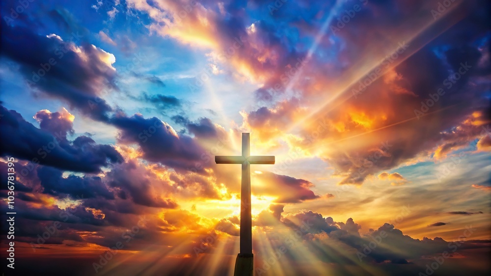 Obraz premium cross with radiating light in colorful cloudy sky