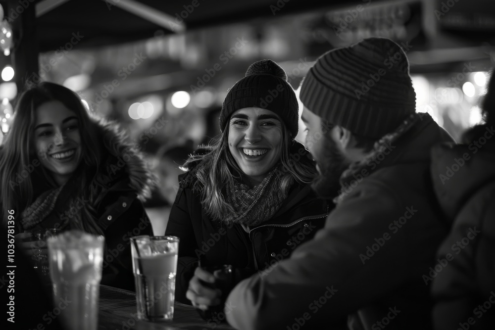 Group of friends having fun at the christmas market. Black and white photo. Group of friends having fun at the christmas market. Black and white photo.