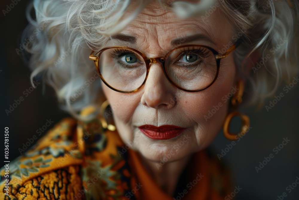Stylish elderly woman in elegant attire against a brown backdrop, showcasing designer clothing and a classy, vintage-inspired look Stylish elderly woman in elegant attire against a brown backdrop, showcasing designer clothing and a classy, vintage-inspired look