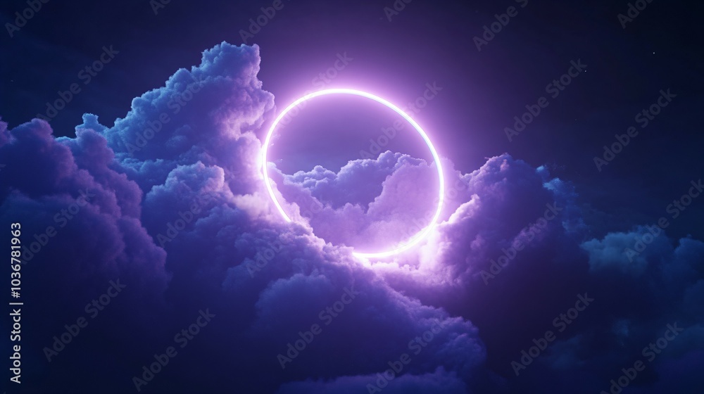 Obraz premium Abstract cloud illuminated with neon light ring on dark night sky.