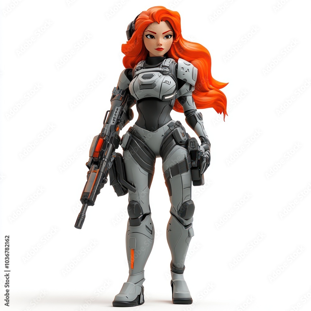 Female character with red hair in futuristic armor holding a weapon Female character with red hair in futuristic armor holding a weapon