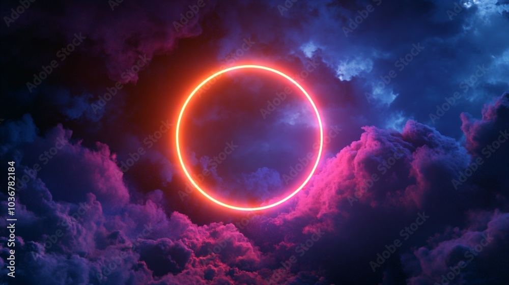 Abstract cloud illuminated with neon light ring on dark night sky. Abstract cloud illuminated with neon light ring on dark night sky.