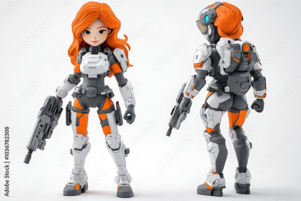 Female Cyborg in Futuristic Armor with Orange Accents Female Cyborg in Futuristic Armor with Orange Accents