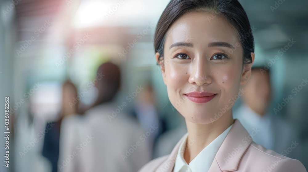 Obraz premium Group of colleagues with a smiling woman in a modern office setting, highlighting teamwork, diversity, and collaboration among professionals