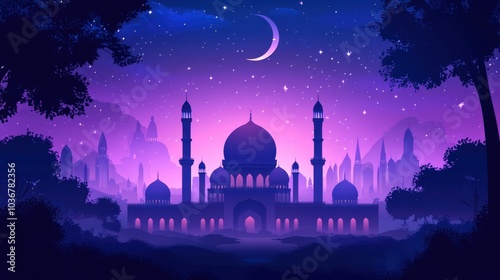 A mosque silhouette against a starry night sky with a crescent moon. photo