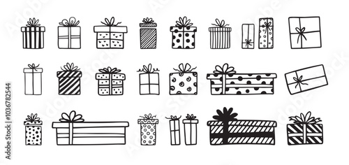 Hand drawn gift boxes doodle outline set. Present box