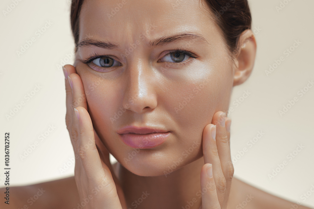 Close-up of a woman with clear skin touching her face, showing a concerned expression, highlighting facial skin issues. The image captures her smooth skin and expressive eyes, highlighting a moment of Close-up of a woman with clear skin touching her face, showing a concerned expression, highlighting facial skin issues. The image captures her smooth skin and expressive eyes, highlighting a moment of
