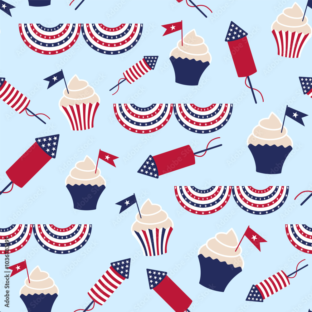 July 4th cupcakes patriotic party Vector Pattern. American Independence Day stars and stripes ribbons, fireworks, cupcakes red, white, blue on light blue background seamless pattern. July 4th cupcakes patriotic party Vector Pattern. American Independence Day stars and stripes ribbons, fireworks, cupcakes red, white, blue on light blue background seamless pattern.