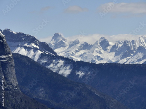 alpine landscape seen from mont Baron observatory with Pointe percee and Mont Charvet summit. Mountain range with snow in spring in french alps photo
