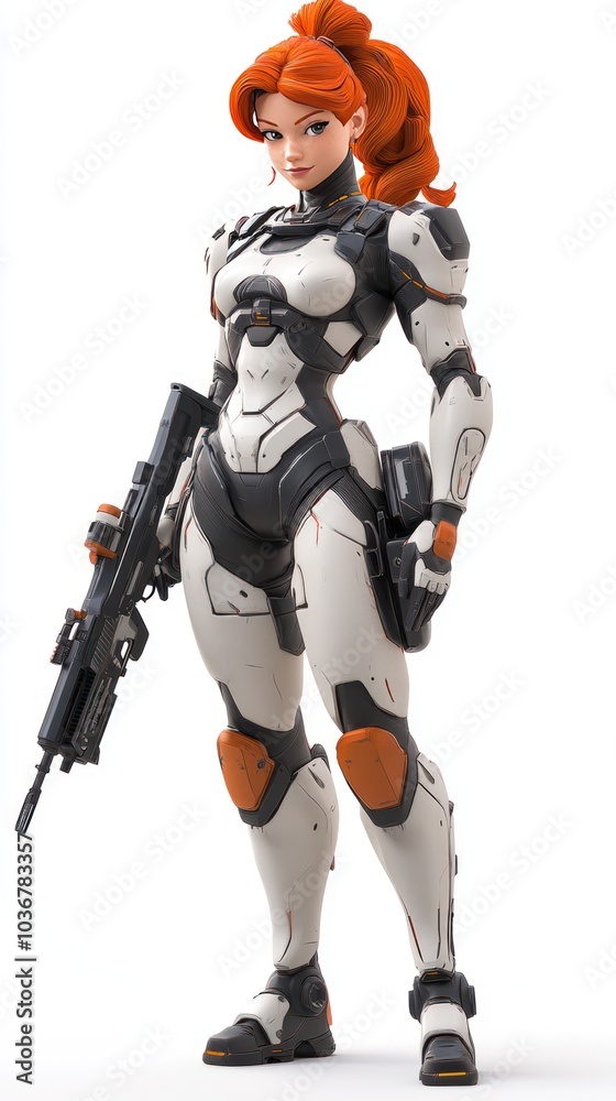 Female Cyborg Soldier in White and Orange Armor Holding a Weapon Female Cyborg Soldier in White and Orange Armor Holding a Weapon
