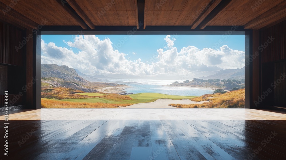 A large window with a view of a golf course and mountains. A large window with a view of a golf course and mountains.