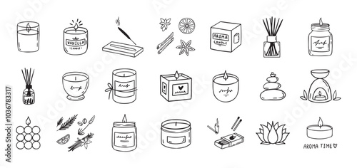 Hand drawn doodle candles set . Outline aroma collection. Burning aroma candles, Various Candles. Pillar, square and container candle. Decorative wax spice candles for relax and spa.