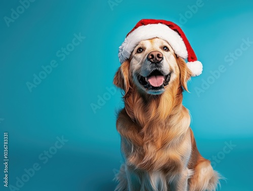 Golden Retriever wearing a Santa hat, sitting happily on a blue background, spreading holiday cheer. photo