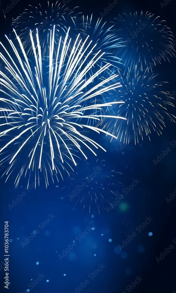 2025 New Year's Eve Party Celebration background vertical video. Blue fireworks dark blue bokeh background vertical video. Copy paste area for text